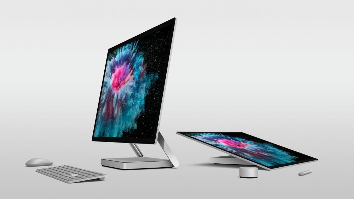 The Microsoft Surface Studio 2 can fold down into "studio mode," letting you draw and sketch right on its big, beautiful screen. The Surface Dial, seen on the right, is an optional accessory that's sold separately.
